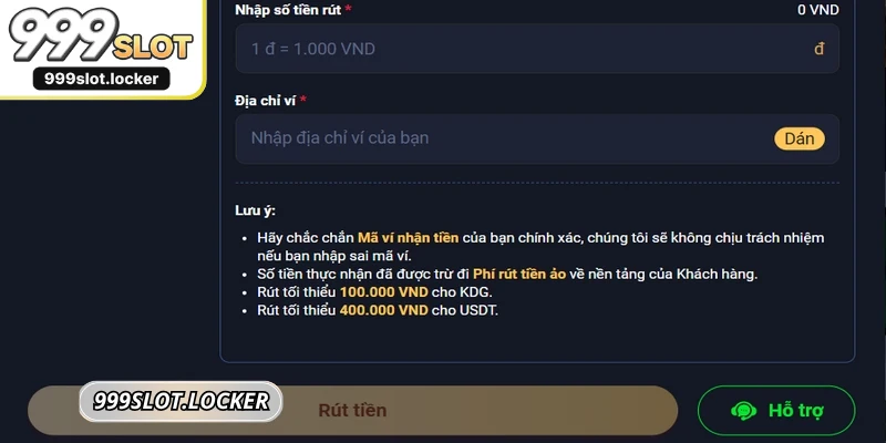 Thiết lập lệnh rút tiền 999SLOT theo hướng dẫn trên màn hình